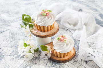 cream cakes on a table, selective focus