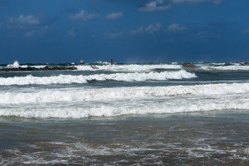 Tel Aviv, Israel beach in stormy weather.