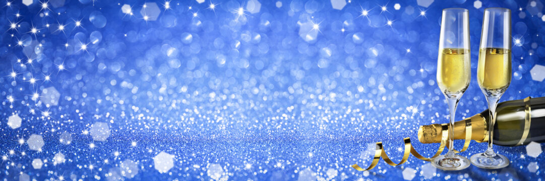 New Year Toast champagne banner, Blue background