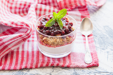 yogurt, muesli and cranberry jam in a glass on a table, selective focus