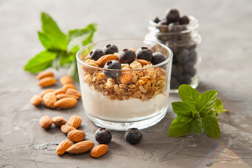 yogurt, muesli and berries in a glass on a table, selective focus