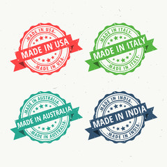 set of rubber stamps for made in usa, australia, india and italy