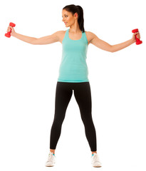 Naklejka premium active woman with dumbbells workout in fitness gym isolated over