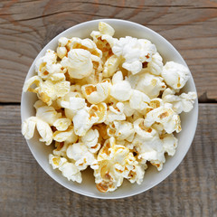 Popcorn close-up in bowl top view