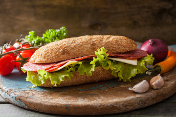 sausage sandwich on a table, selective focus