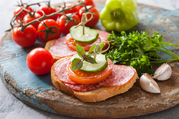 sausage sandwich on a table, selective focus