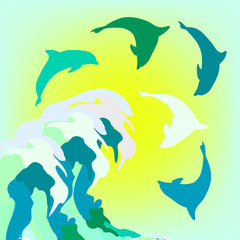 дельфины на фоне моря, векторная иллюстрация