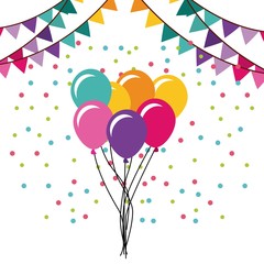 decorative colorful balloons and pennats over white background. birthday party decorations. vector illustration