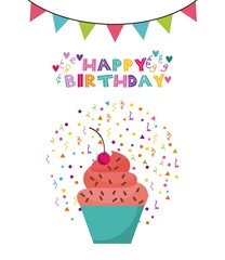 happy birthday card with cupcake and decorative pennats over white background. vector illustration