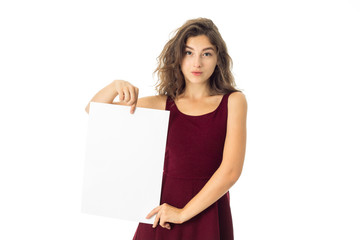 girl in red dress with white placard