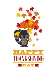 happy thanksgiving card with cute raccon and autumn leaves. colorful design. vector illustration