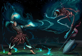 Fotobehang Fighting scene between magician and skeleton © ddraw