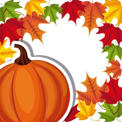 happy thanksgiving card with decorative pumpkin icons and wreath of autumn leaves. colorful design. vector illustration