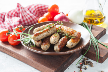 sausages and vegetables on a table, selective focus