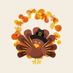 happy thanksgiving card with cartoon turkey icon with decorative autumn leaves. colorful design. vector illustration