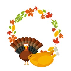 happy thanksgiving card with cartoon turkey icon with decorative autumn leaves. colorful design. vector illustration