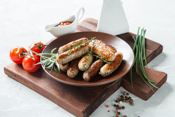 sausages and vegetables on a table, selective focus