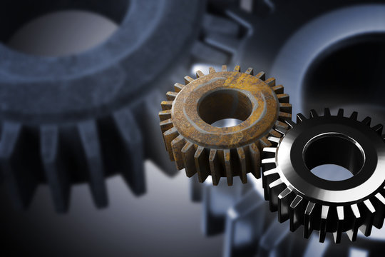 Gears old one and new one work together on white background 3d r