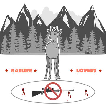 in the middle is a young deer
    against the background of the inscription, the mountains and the woods with a tent. Rifle banned. totally vector illustration.