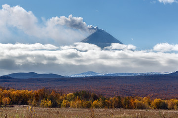 Beautiful view of explosive-effusive eruption of Klyuchevskaya Sopka (Klyuchevskoy Volcano):...