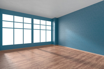 Empty room with parquet floor, blue textured walls and big windo