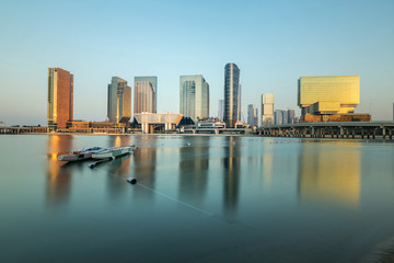 Al Maryah Island skyline at dusk. Abu Dhabi, United Arab Emirates