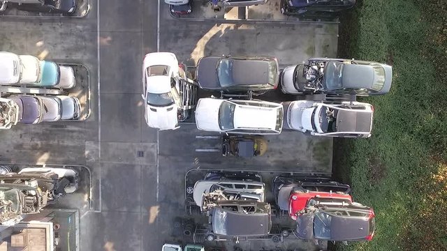 Wrecking yard aerial footage, shot with a drone.