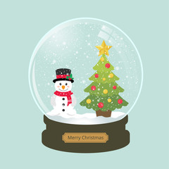 christmas snowglobe with fir tree and cute snowman