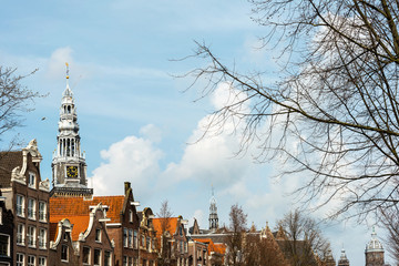 Fototapeta premium Beautiful street view of Traditional old buildings in Amsterdam,