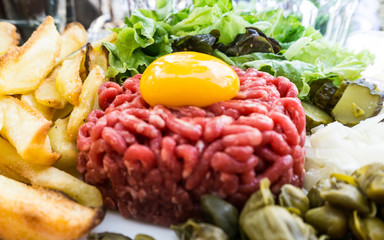 tasty Steak tartare (Raw beef) - classic steak tartare on white