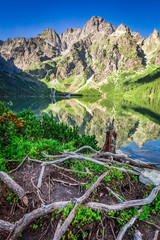 Beautiful dusk at pond in the Tatra Mountains in summer