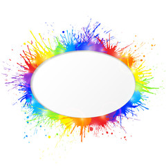 Bright and colorful paint splashes frame with oval cutout for text  on white background. Vector illustration.