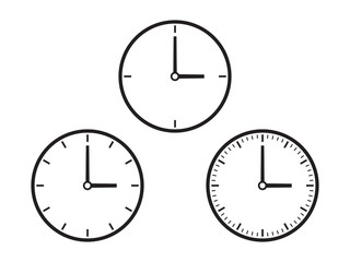 Three simple clock dials, grayscale on white background