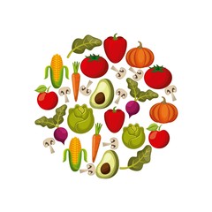 vegetables and fruits in circle shape over white background. vector illustration