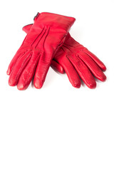 Women's red winter leather gloves Isolated on white background.