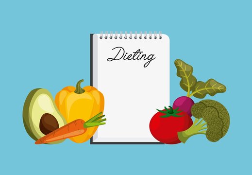 vegetables and padnote with dieting word over blue background. colorful design. vector illustration