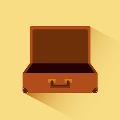 brown suitcase open over yellow background. vector illustration