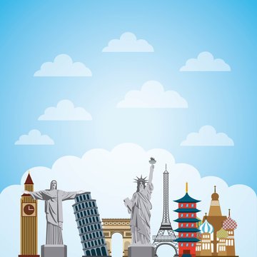 iconic monuments of the world over sky background. colorful design. vector illustration