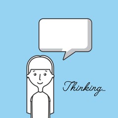 cartoon woman smiling with thinking bubble over blue background. vector illustration