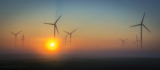 Wind turbines on foggy field