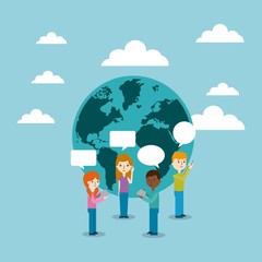 cartoon people standing with speech bubble over earth planet icon and sky backgorund. vector illustration