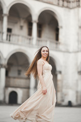 Beautiful girl, model with long hair posing in old castle near columns. Krakow Vavel