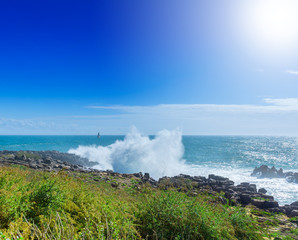 View cliffs near cavern "Boca do Inferno", Cascais, Portugal. Beauty in nature. the Atlantic ocean. Beautiful marine landscape in backlit.