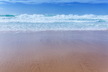 View of Guincho Beach, Cascais, Portugal. Empty beach. No people. Beauty in nature. Waves on the Atlantic ocean. Beautiful landscape.
