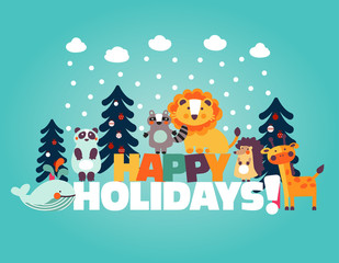 Winter holiday lovely vector card with funny cute animals, blue sky, snowflakes, clouds and Christmas trees