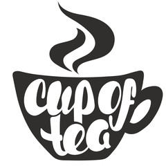 Cup of tea lettering on background in the form of a cup.  Handwritten cup of tea