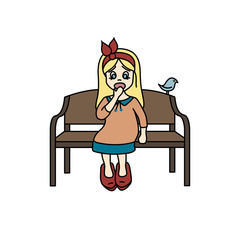  little girl sitting on the bench in surprise, emotional child