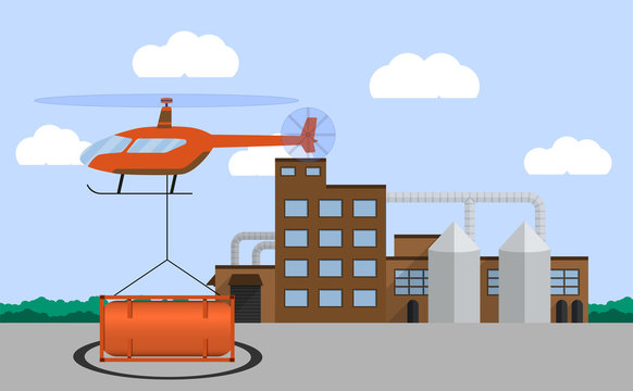 Helicopter carrying container. Air cargo transportation. Air transport cargo delivery concept. Flat style. Vector illustration.