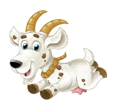 Cartoon happy horned goat is running jumping looking and smiling - artistic style - isolated - illustration for children