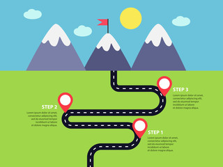Winding road infographics template with mountains and pin-pointers. Road in a flat style illustration. Vector EPS 10